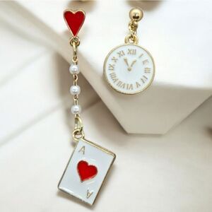 Playing Card Watch Earrings Mismatched Pierced Studs Dangle Alice Wonderland NEW